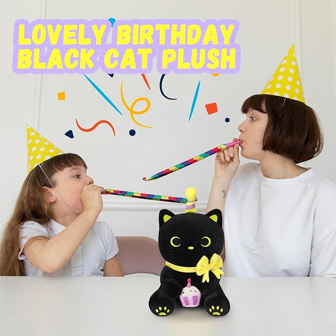 Black Cat Plush - 8 Inch Soft Cat Happy Birthday Stuffed Animal, Birthday Gifts for Kids Boys Girls