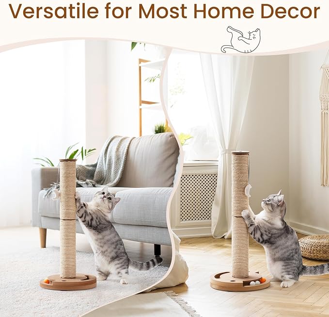 Mewoo Cat Scratching Post, 25'' Tall Cat Scratching Posts with Kitten Toys Cat Ball Track, 3-in-1 Scratch Posts for Indoor Cats, Natural Sisal Cat Scratcher Interactive Toy with Dangling Balls