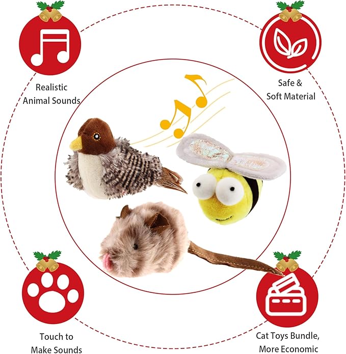 Gigwi Interactive Cat Toys Animal Sound Bird/Mouse/Bee Interactive Squeaking Cat Toys Melody Chaser & Toys for Cats to Play Alone, Play and Squeak Kitten Toys for Boredom