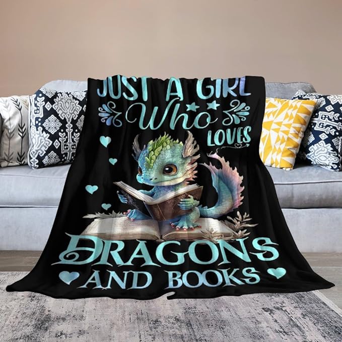 Just A Girl Who Love Dragons and Book Blanket Dragons Gifts for Girls Boys Woman Kids Read Lover Throw Blankets Soft Blanket Warm Fleece Flannel Plush Blankets for Bed Sofa Couch 40"x50"