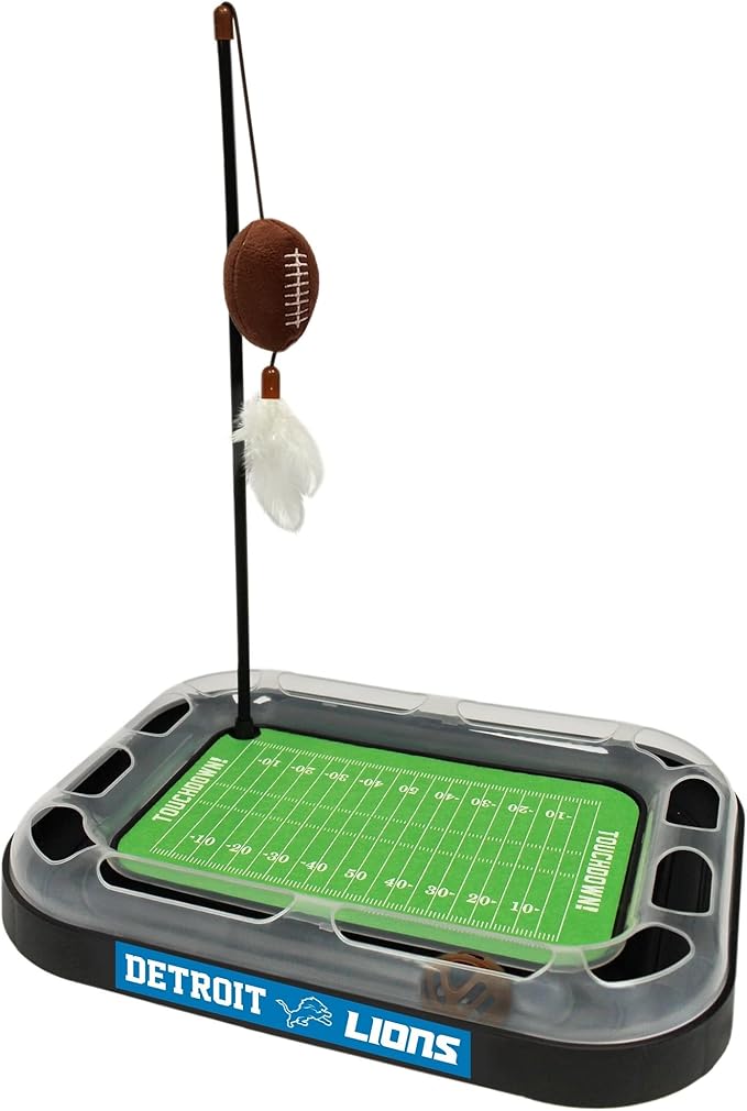 Football Field Cat Toy NFL DETROIT LIONS FOOTBALL FIELD CAT SCRATCHER TOY with CATNIP Filled Plush FOOTBALL Toy&Feather Cat Toy hanging with Jingle Bell INTERACTIVE BALL Cat Chasing 5-in-1 KITTY Toy