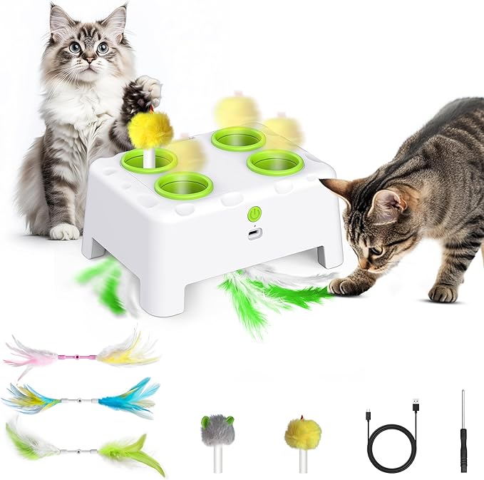 Cat Toys, 2 in1 Automatic Interactive Cat Toys for Indoor Cats, 4 Holes Mice Whack a Mole Cat Mouse Toy with Moving Feather, Rechargeable USB Power Kitten Feather Toys for All Breeds (Green)