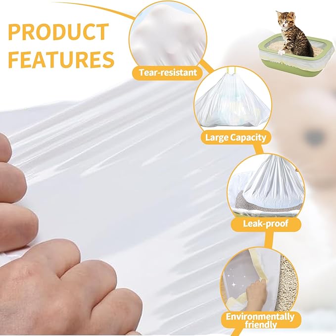60 Count Cat Litter Box Liners with Drawstring,Replacement Cat Litter Bags,Leak-proof Self-Cleaning Cat Litter Box Liners,Thick Pet Kitty Poop Bag Trash Bag(26.5x16.7in)