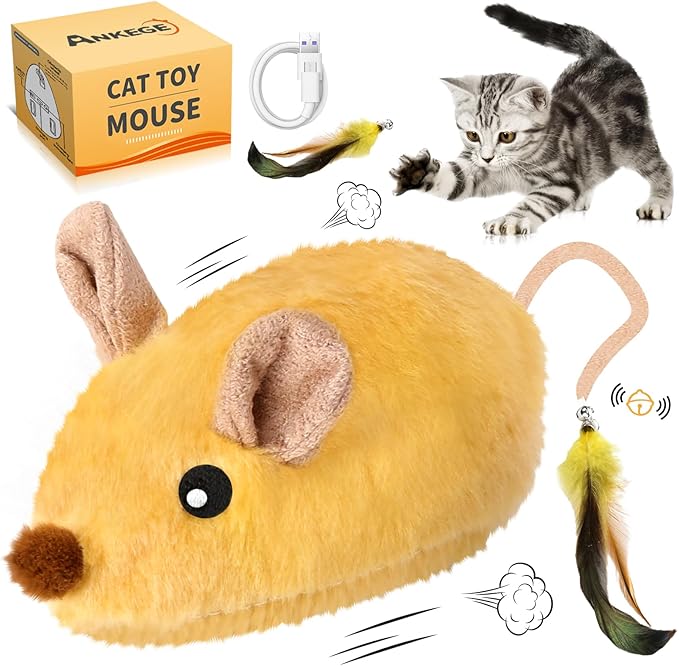 Interactive Cat Toys Mouse for Indoor Cats Rechargeable LED Cat Mouse Toy Feather Bell Tail Lifelike Electric Automatic Moving Mouse Cat Toy for All Breeds Cat Boredom Exercise-Yellow