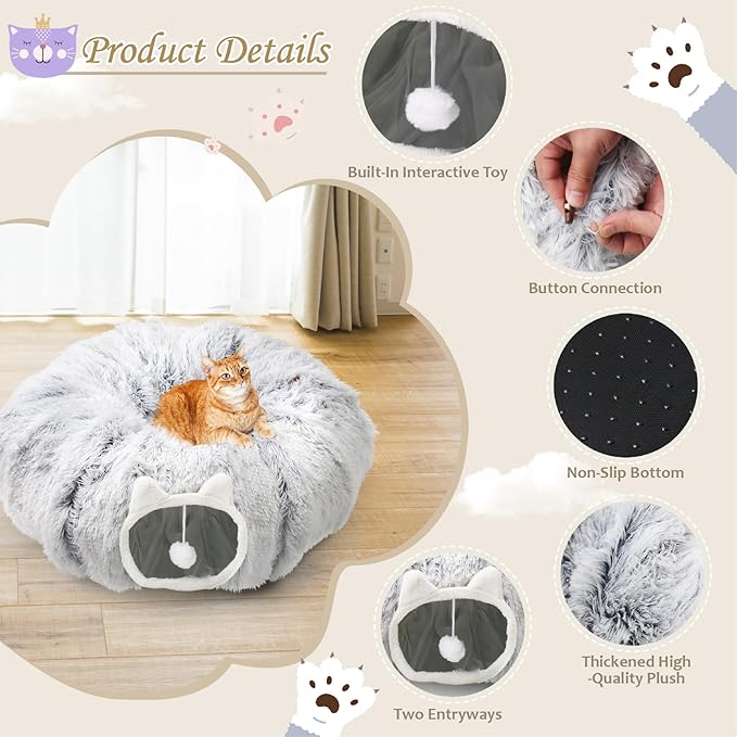 Cat Tunnel Bed for Indoor Cats, Soft Cute Cat Donut Tunnel with Washable Circle Cushion, Under Christmas Tree Plush Peekaboo Cat Cave, Round Pet Play Tunnel Toy for Kitten/Rabbit/Puppy