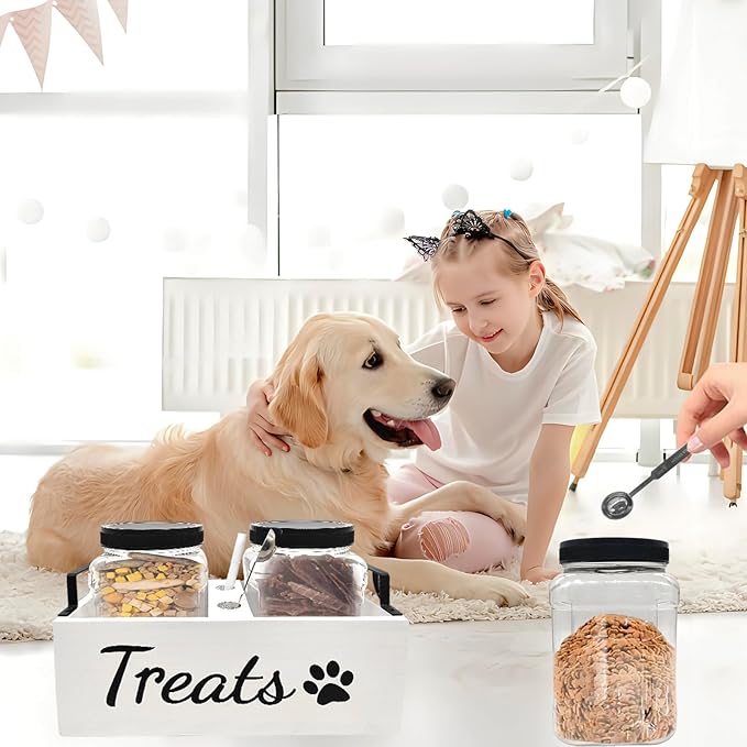 Dog Treat Container Food Storage - with 2 Plastic Treat Jars Pet Cat Food Containers Airtight Organizer Dog Treat Holder Farmhouse Decor Gift for Pet (White)