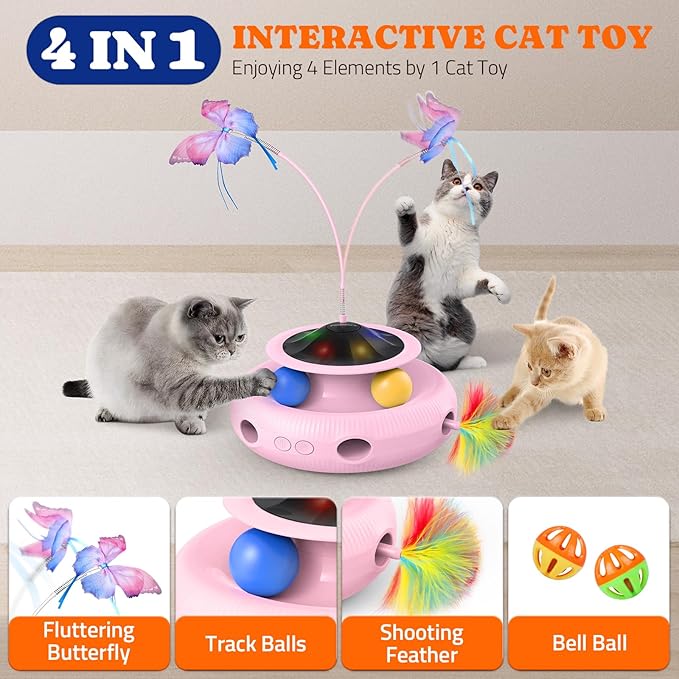 Interactive Cat Toy: 4 in 1 Automatic Cat Toy for Indoor Cats, Electric Kitten Toy with Rechargeable Battery, Self Play Kitty Toy with Fluttering Butterfly, Track Ball and Feather Pack, Pink