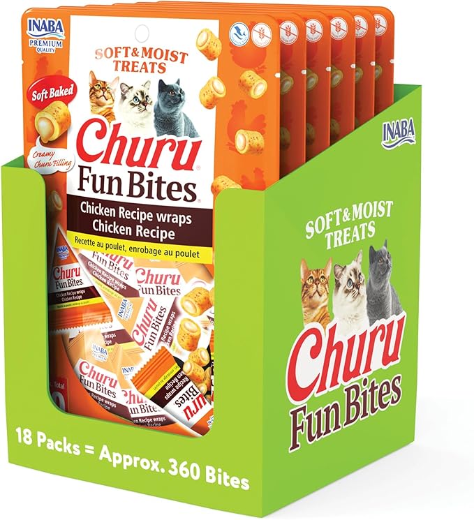 INABA Churu Fun Bites for Cats, Soft & Chewy Baked Chicken Wrapped Filled Cat Treats with Taurine, 0.42 Ounces Each Tetra, 18 Tetras (3 per Bag), Chicken Recipe