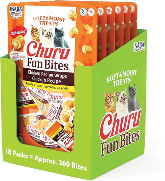INABA Churu Fun Bites for Cats, Soft & Chewy Baked Chicken Wrapped Filled Cat Treats with Taurine, 0.42 Ounces Each Tetra, 18 Tetras (3 per Bag), Chicken Recipe