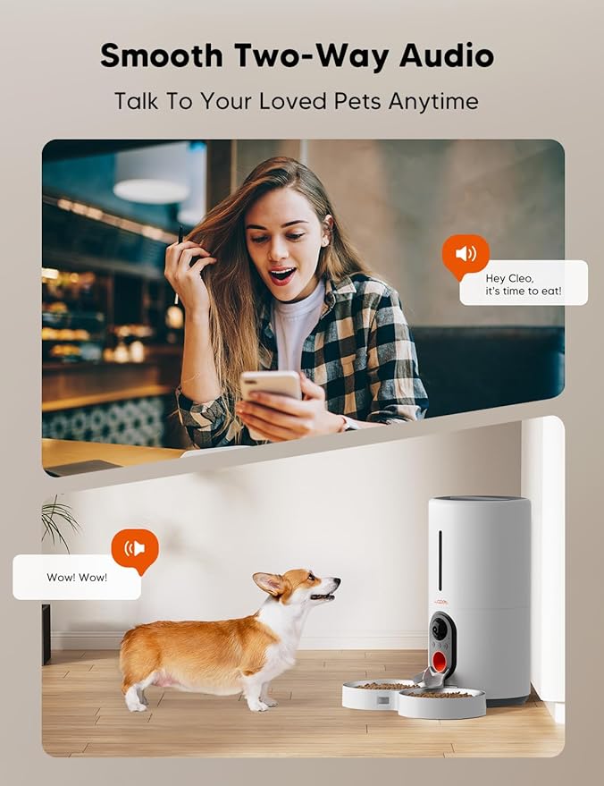 WOPET Automatic Cat Feeder with Camera for Two Cats, 1080p HD Automatic Dog Feeder, 5G WiFi Pet Feeder with Night Vision for Cat & Dog, SD Card Storage & 2-Way Audio,White 6L