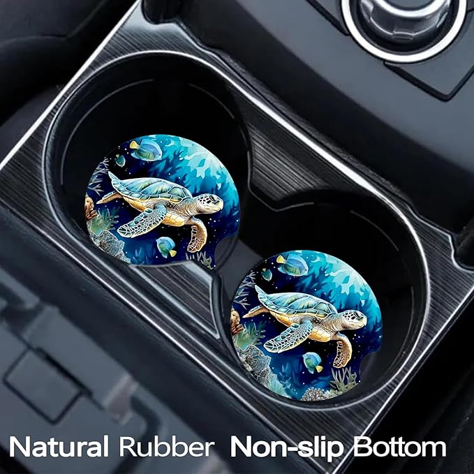 Car Coasters for Cup Holders,2 Pack Sea Turtle Car Cup Holder Coasters,2.75" Universal Size Anti Slip Rubber Mat,Automotive Cup Holder Decal Decor Accessories,Sea Turtle Gifts for Women,Mom,Men