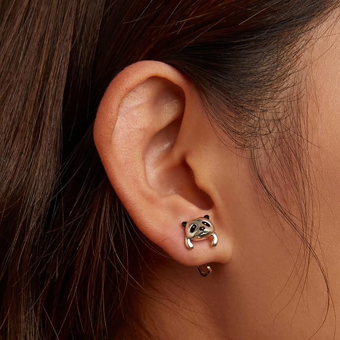 BISAER 925 Sterling Silver Half Huggie Hoop Earrings Cute Cat Dog Panda Animal Earrings for Women Jewelry Gifts