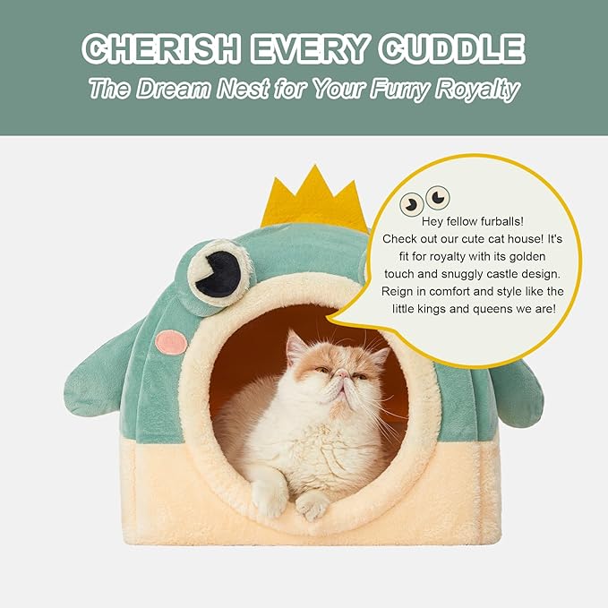 Jiupety Cat Beds for Indoor Cats, Cute Cat House for Cats and Puppy, Cute Cat Cave Bed with Removable Cushion, Large Cat Bed Cat Hideaway, 2-in-1 Cat Tent, M(17" × 17" × 17"), Green.