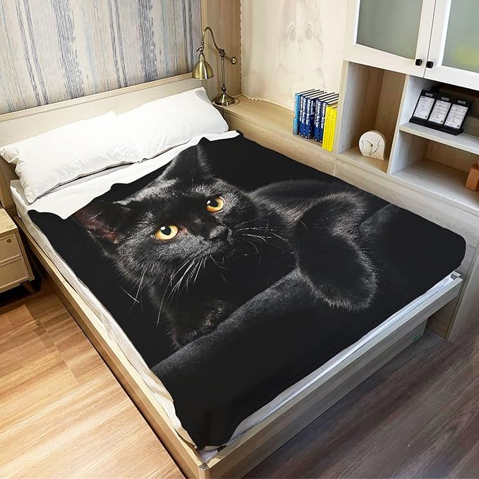 Black Cat Throw Blanket Modern Black Decorative Big Eyes Black Cat Fleece Blanket Soft Warm Cozy for Kids Adult Gifts 60"x80"