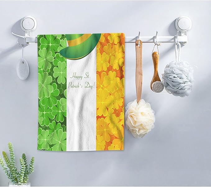 AOYEGO Yellow Green Shamrock Leaf Bathroom Towels Happy St Patrick's Day Hat Luck Soft Bath Hand Towels Microfiber Kitchen Hotel Spa Hand Towels 15x30 Inch