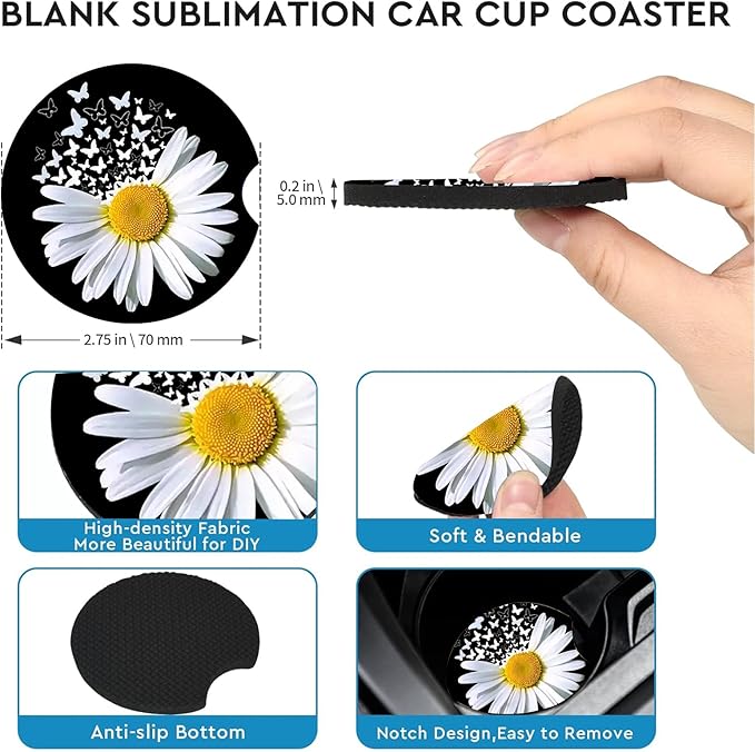 Car Coasters for Cup Holders,2 Pack White Daisy Butterfly Car Cup Holder Coasters,2.75" Universal Size Anti Slip Rubber Mat,Automotive Cup Holder Decal Decor Accessories,Daisy Gifts for Women,Men