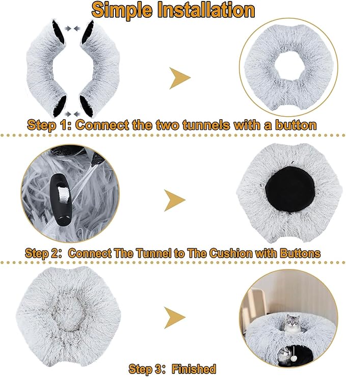 CLKHOWL Cat Tunnel Bed, Cat Tunnels Cat Toys for Indoor Cats, Cat Donut Tunnel, Multifunctional Cat Cave for Small Medium Large Cat, Puppy, Rabbit, Ferret. (Grey)