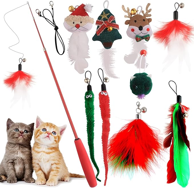 HOSUKKO 10PCS Cat Toys for Christmas Catnip Toys Interactive Feather Toys for Indoor Cats Replaceable Kitten Feather Toys with Ring Bells Retractable Cat Wand Colorful Cute Kitten Toys Gift