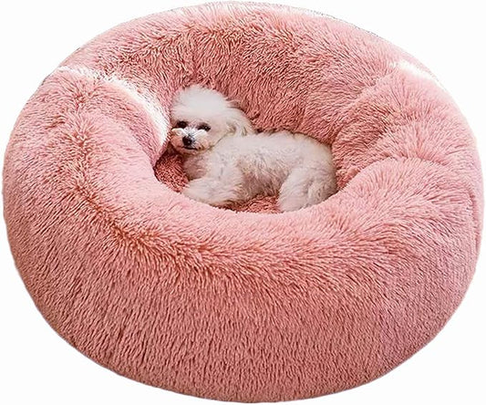 BinetGo Calming Cat and Dog Beds，24 inches Dog Bed, Pink Puppy Bed,Original Calming Donut Cat and Dog Bed in Shag Fur– Machine Washable, Anti Slip Waterproof Bottom