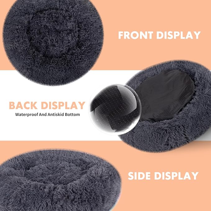 ShellKingdom Cat Beds for Indoor Cats, 24 inch Large Dog Bed for Small Medium Large Dogs, Cute Round Fluffy Plush Pet Bed for Puppy Kitten, Self Warming Calming Soft Donut Cat Bed, Grey