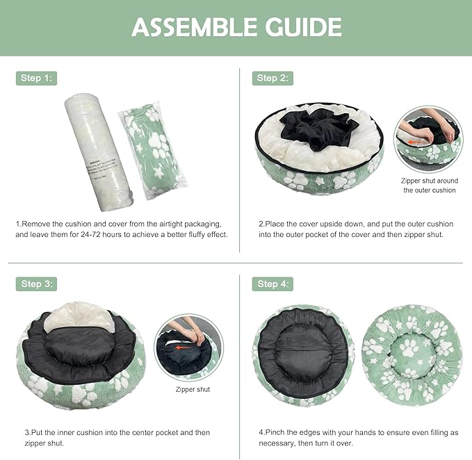 Donut Dog Beds for Medium Dogs, Calming Round Cat Beds for Indoor Cats, Cute 3D Textured Paw Pet Bed with Removable Washable Cover and Anti-Slip Bottom（Green，30"）