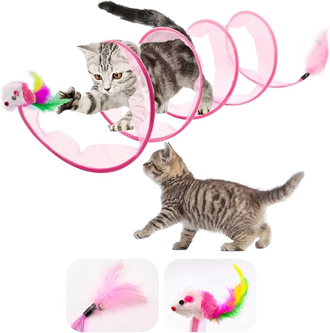 Cat Tunnel, 1PCS Folded Cat Tunnel Toy, Pink Mice Tube Cat Springs for Indoor with Feather, Mouse Toys Interactive Cat Toy Tunnel Self-Happy Cat Toys, S-Type Collapsible Tent