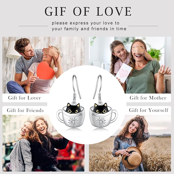 Black Cat Earrings 925 Sterling Silver Mushroom Cat/Black Cat/Panda/Sloth/Capybara/Boston Terrier/Shih Tzu Dangle Earrings Cute Animal Drop Earrings Jewelry Gifts for Women