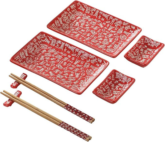 8 pcs Japanese Sushi Plate Sets Serving Platters and Trays for Entertaining Sushi Dishes Set Plates Sushi Plates Traditional Cuisine Dinnerware Sets with Chopsticks Hundred Family Names