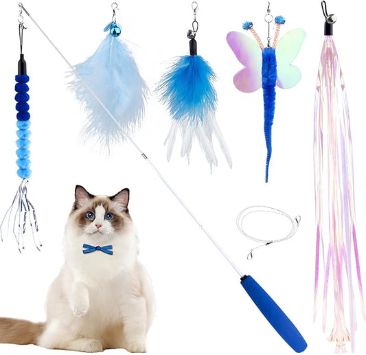 Cat Wand Toy for Indoor Cats 6PCS Fairy Feather Cat Toys with Retractable Fishing Pole Replaceable Feather Attachments Dragonfly Tassel Worm with Bells Cat String Kitten Toy Gift (Blue)