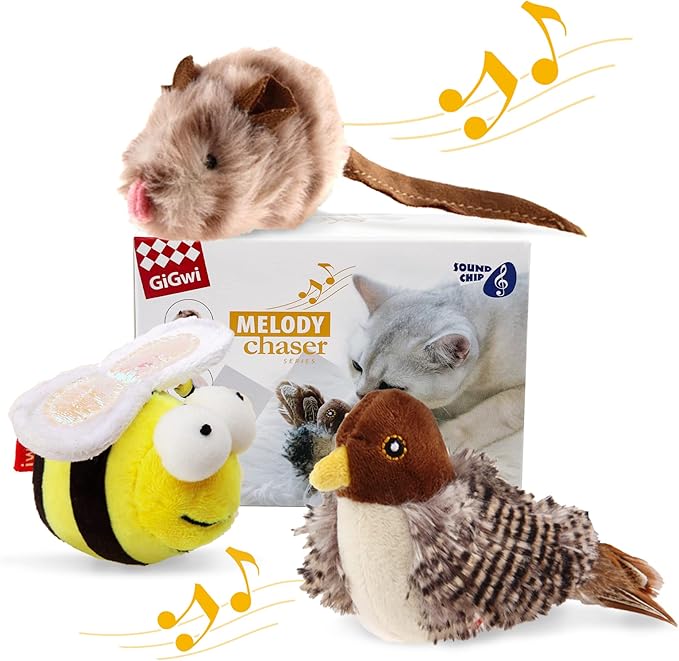 Gigwi Interactive Cat Toys Animal Sound Bird/Mouse/Bee Interactive Squeaking Cat Toys Melody Chaser & Toys for Cats to Play Alone, Play and Squeak Kitten Toys for Boredom