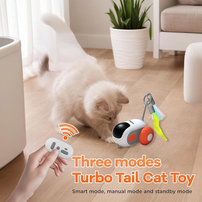 Turbo Tail 3.0, Teazys Cat Toy Turbo Tail, Smart Remote Control Electric Interactive Cats Toy, Type-C Rechargeable Turbo Tail Mouse Cat Toy with Feathers (2pcs Orange)