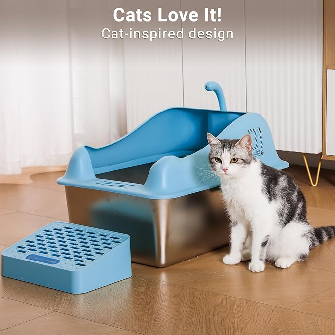 14" Deep Stainless Steel Litter Box, XXL Metal Litter Box with High Wall Sides Enclosure, Stainless Steel Litter Box with Lid, Never Absorbs Odors, Non-Sticky, Anti-Urine Leakage, Easy Cleaning-Blue