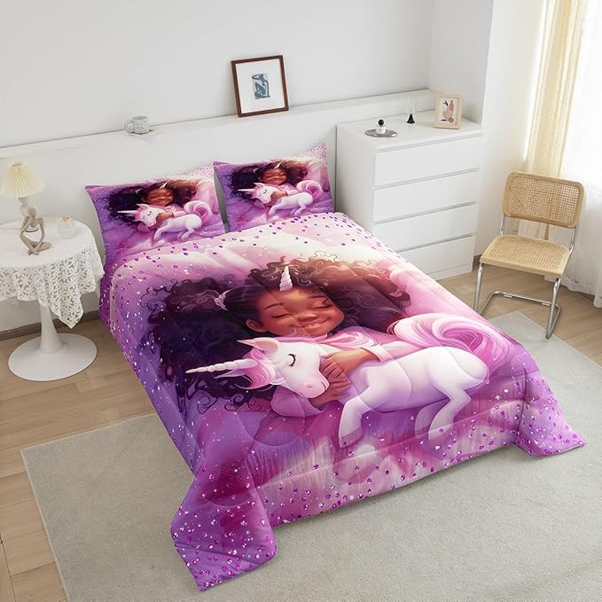 Black Cartoon Girl Comforter Set Twin Size,Cute Unicorn Castle Princess Bedding Set,Girls Women Room Decor,Girls African Glitter Sequins Down Comforter,Purple Romantic Duvet Insert,1 Pillowcase