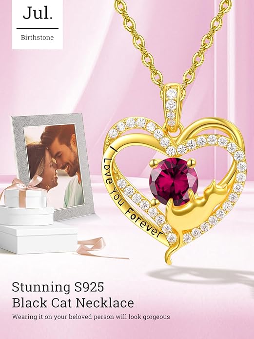 Birthstone Cat Necklaces,925 Sterling Silver Cat Necklace Heart Pendant for Women,Dainty Animal Jewelry for Her,Wedding Anniversary Birthday Gifts for Women Mom Grandma