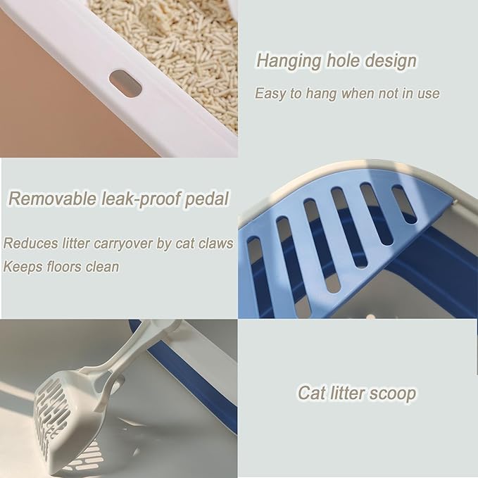 2 pcs Collapsible Kitten Litter Box,Low Entry Shallow Open Cat Potty Pan with Scoop Foldable Shallow Cat Toilet Travel Litter Box with Falling Sand Pedal for Kitty to Senior Cats 2PCS(Grey, Large)