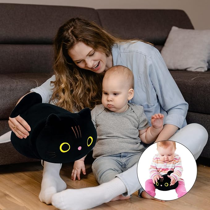 Black Cat Plush Pillow, Cat Stuffed Animal Plushies Lumbar Back Cushion, Cute Round Eyes Kitten Plush Doll Toy for Kids Home Decor Gift Boys Girls Birthday Valentines Christmas (13.8inch)