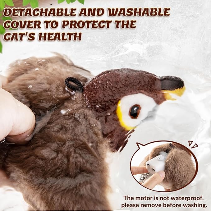 Lukovee Interactive Cat Toys Rechargeable - Touch Activated Flapping Sparrow Catnip Toys with Lifelike Chirping, Plus Bird Toy with Rope and Hooks for Indoor Kitten Kitty Exercise (Khaki)