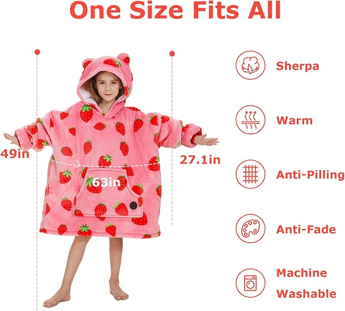 THREE POODLE Wearable Blanket Hoodie for Kids, Oversized Sherpa Sweatshirt Blanket with Giant Hood, Warm Cozy Hooded Blanket, Cute Gifts for Kids Girls Boys