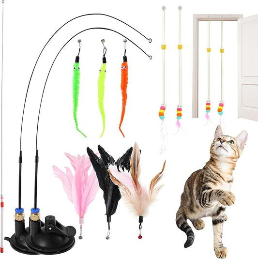 8pcs Cat Feathe Toys, Interactive Cat Toy for Indoor Cats, Suction Cup Cat Toys for Indoor Cats, Replacements Feathers Worm, Hanging Cat String Toy for Bored Indoor Kitten