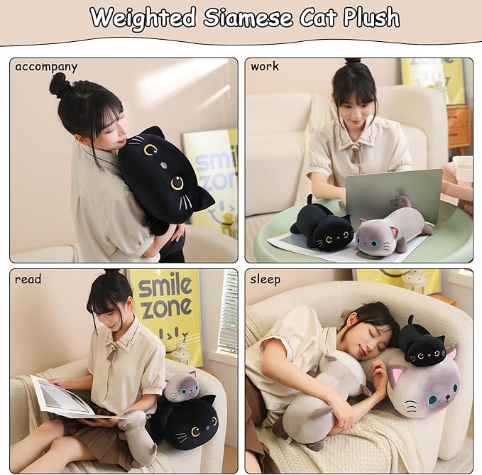 SQEQE Weighted Black Cat Plush, Weighted Black Cat Stuffed Animal, Cute Plushies Soft Pillow Toy Gift for Kids Adults 13.8 Inch, 1.6 Lbs