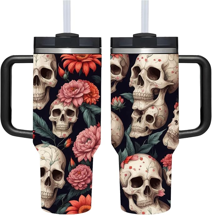 AMZUShome 40 OZ Goth Black Skull Tumbler with Handle.Skull Lover Goth Gifts.Unique Birthday Christmas Halloween Gifts.Personalized 40 OZ Goth Black Skull with Flower Tumbler Gifts for Women Men.