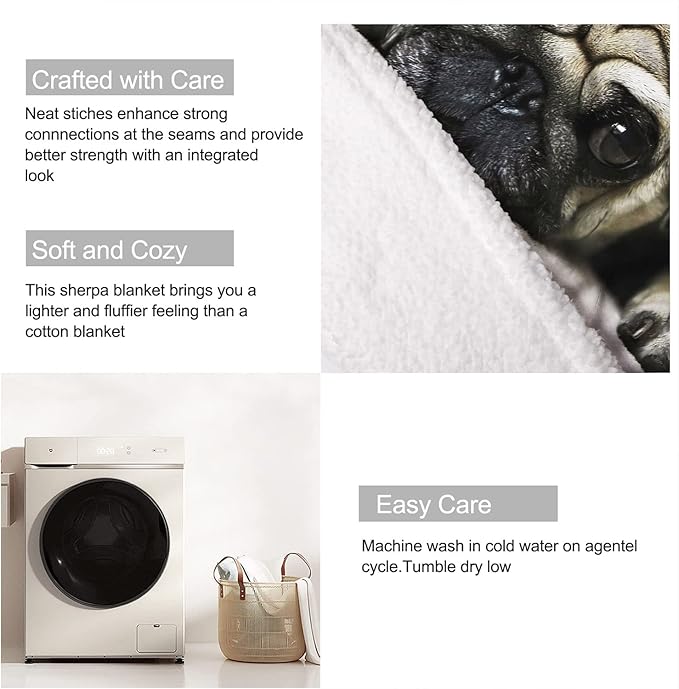 Pug Sherpa Blanket, Dog Print Fleece Throw Blankets for Couch Sofa Bed, Super Soft Warm and Lightweight, 60" x 80"