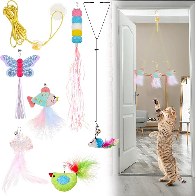 Charniol 8 Pcs Doorway Cat Toys Indoor Feather Door Hanger Interactive Hanging Dragonfly Little Mouse Retractable Teaser Kitten for Play, 6 Styles (Vibrant Style)