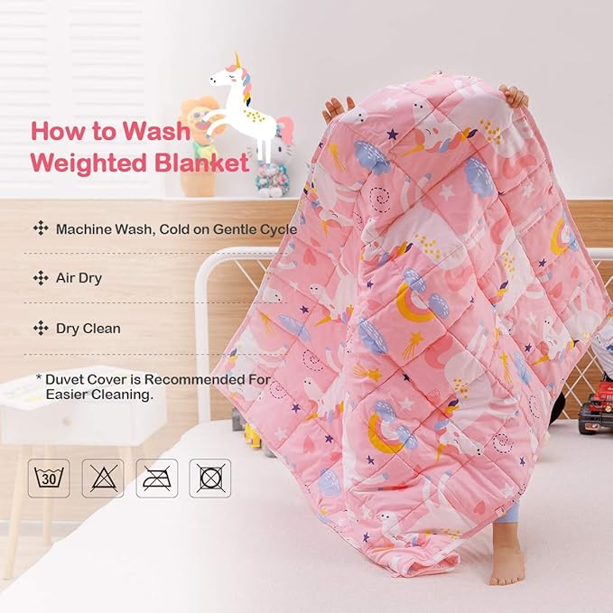 Sivio Weighted Blanket - 100% Cotton Weighted Blanket 7 lbs 41 x 60 inches, Washable Breathable Soft Heavy Blanket for Home and School Nap, Pink Unicorn