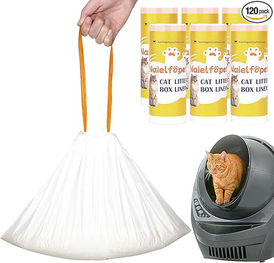 120 Count 26" x 16" Cat Litter Box Liners and Replaced Trash Bags Compatible with Litter Box Robot 4 and 3, Thick Heavy Duty Drawstring Replacement Waste Drawer Liners Bags 10-12 Gallons of Capacity