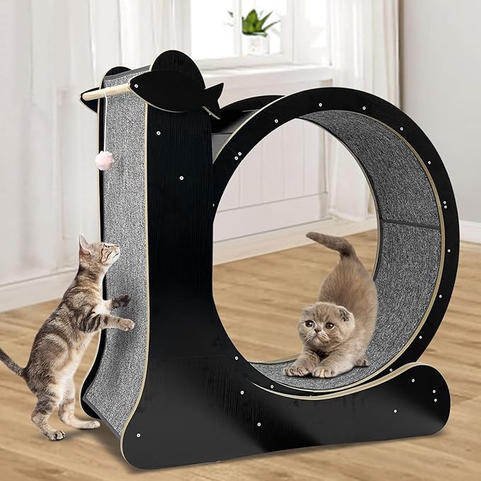 Upgraded 2 in 1 Cat Exercise Wheel，39.4" High Indoor Cat Running Wheel with Cat Scratcher, Cat Treadmill, TPE Silent Wheel, Wooden Cat Sport Exercise Wheel, Black