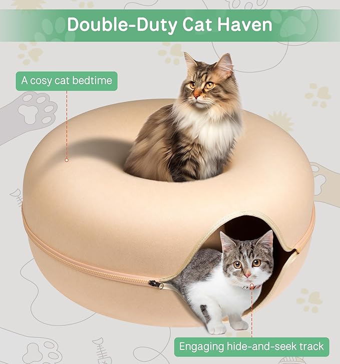 Peekaboo Cat Cave for Multiple Cats/Large Cats, Cat Caves for Indoor Cats Up to 9 Lbs, Cat Tunnel Bed, Scratch Detachable and Washable Large Donut Cat Bed, Yellow
