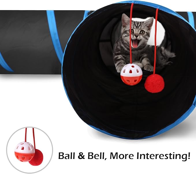 Pawaboo Cat Toys, Cat Tunnel Tube 4 Way Tunnels 25x53cm Extensible Collapsible Cat Play Tent Interactive Toy Maze Cat House with Balls and Bells for Cat Kitten Kitty Rabbit Small Animal, Blue