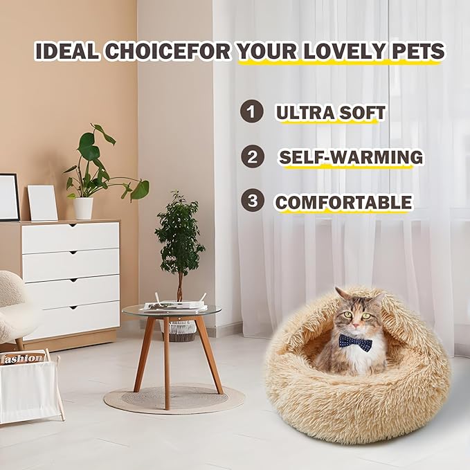 Cat Bed Calming Cat Beds,Indoor Washable Cat Bed，Anti-Slip Faux Fur Fluffy Cuddler Anxiety Cat Bed,Warming Cuddler Cushion Bed for Small Medium Dogs and Cats (Apricot Color, 24 * 24inch)