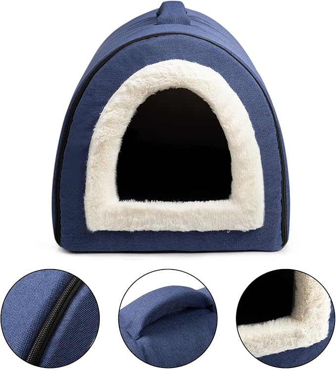 Hollypet Linen Cat Bed, Self-Warming 2 in 1 Foldable Cave House Animal Shape Nest Pet Sleeping Bed, Blue